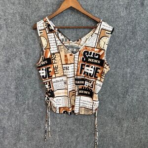 MKM Designs Newspaper Print Ruched Side V-Neck Tank Top Brown Tan 1XL